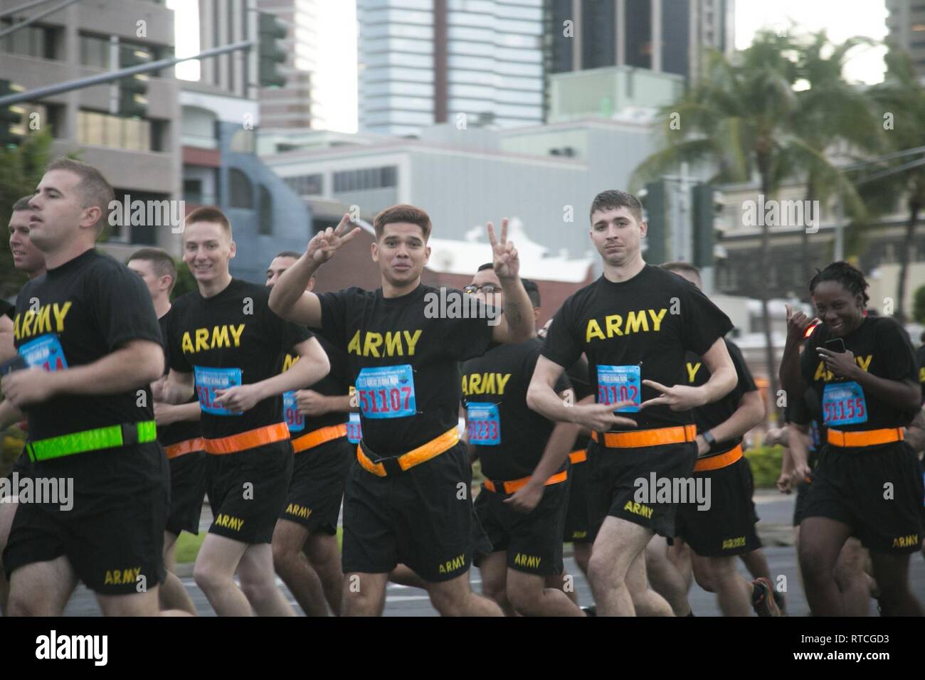 Soldiers from the 25th Infantry Division participate in the 35th annual Great Aloha Run in Honolulu on February 18, 2019. At least  2,000 service members participated in the run, which allows those that participate to give back to both military and civilian communities. Stock Photo