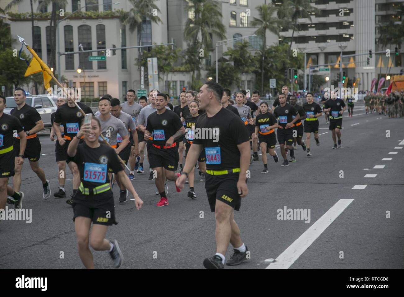 Soldiers from the 25th Infantry Division participate in the 35th annual Great Aloha Run in Honolulu on February 18, 2019. At least  2,000 service members participated in the run, which allows those that participate to give back to both military and civilian communities. Stock Photo
