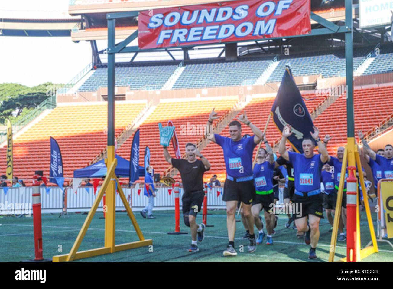 Soldiers from United States Army-Pacific, Fort Shafter, Hawaii, participate in the 35th annual Great Aloha Run in Honolulu on February 18, 2019. At least 2,000 service members participated in the run, allowing them to give back to both military and civilian communities. Stock Photo