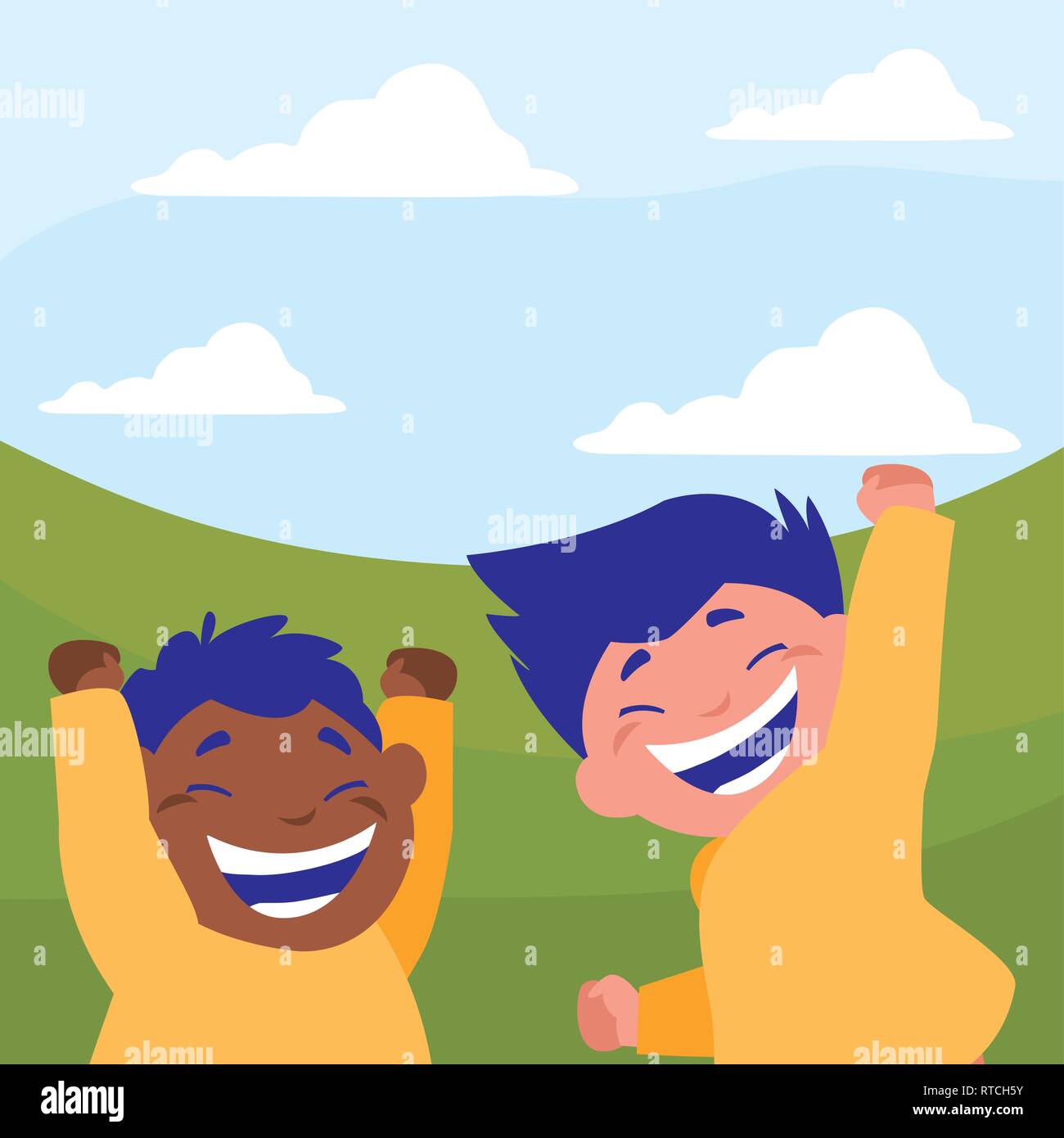 happy interracial boys celebrating in the camp vector illustration ...