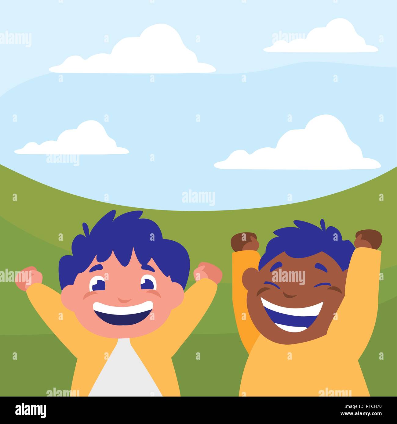 happy interracial boys celebrating in the camp vector illustration ...