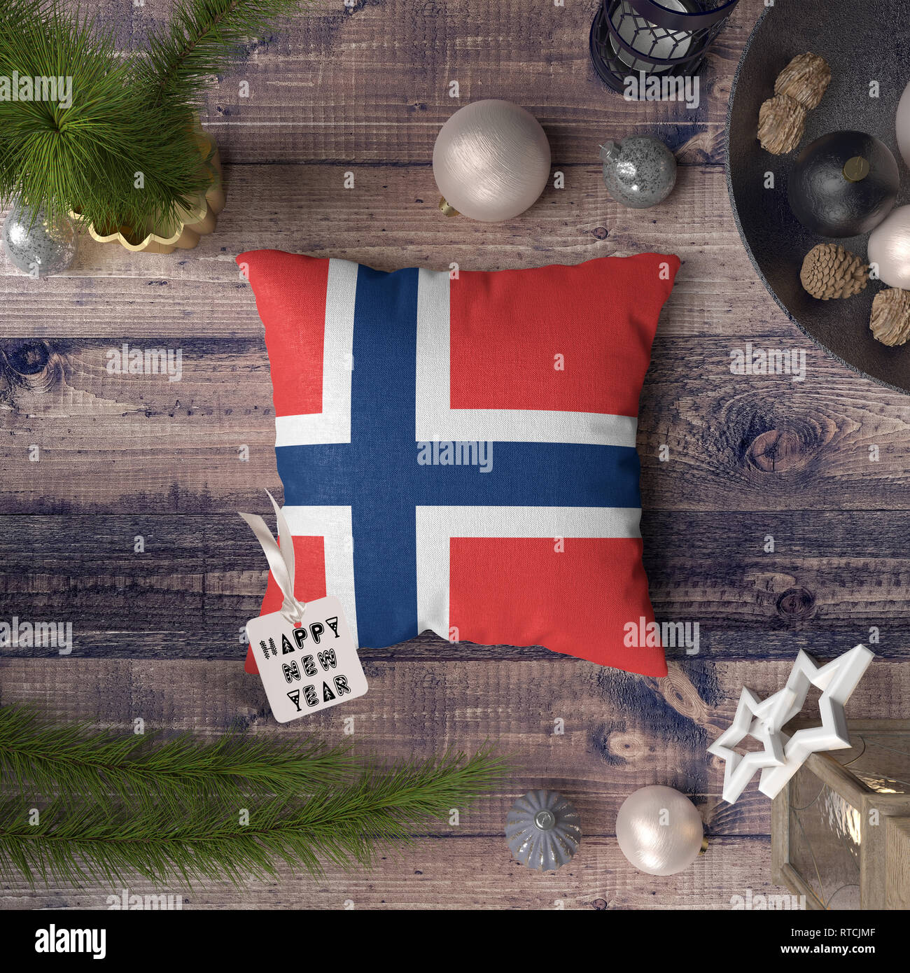 Happy New Year Tag With Norway Flag On Pillow Christmas