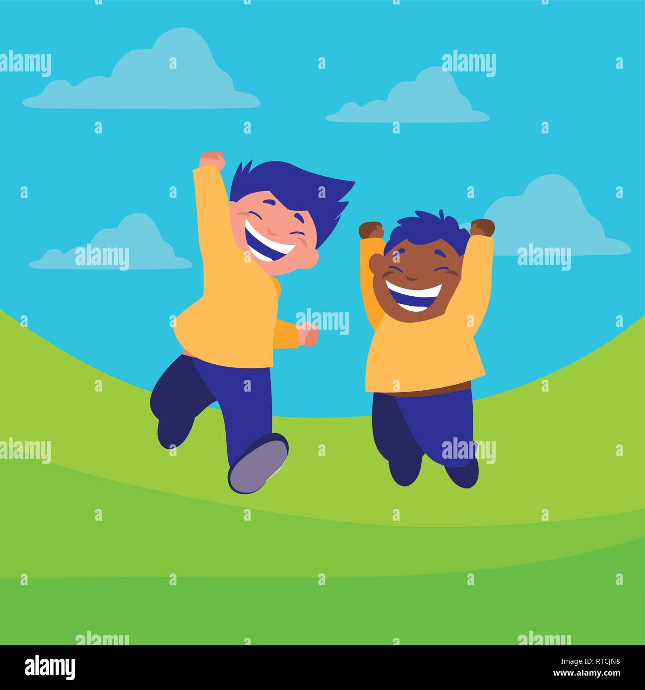 happy interracial boys celebrating in the camp vector illustration ...