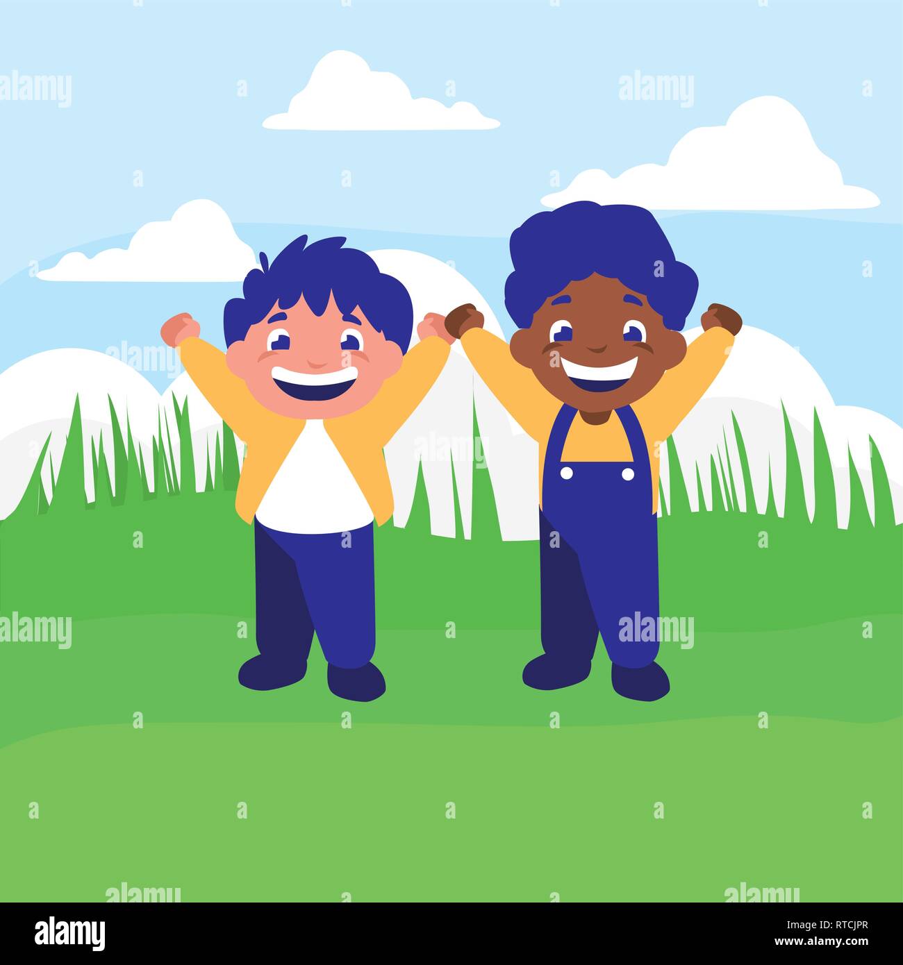 happy interracial boys celebrating in the camp vector illustration ...