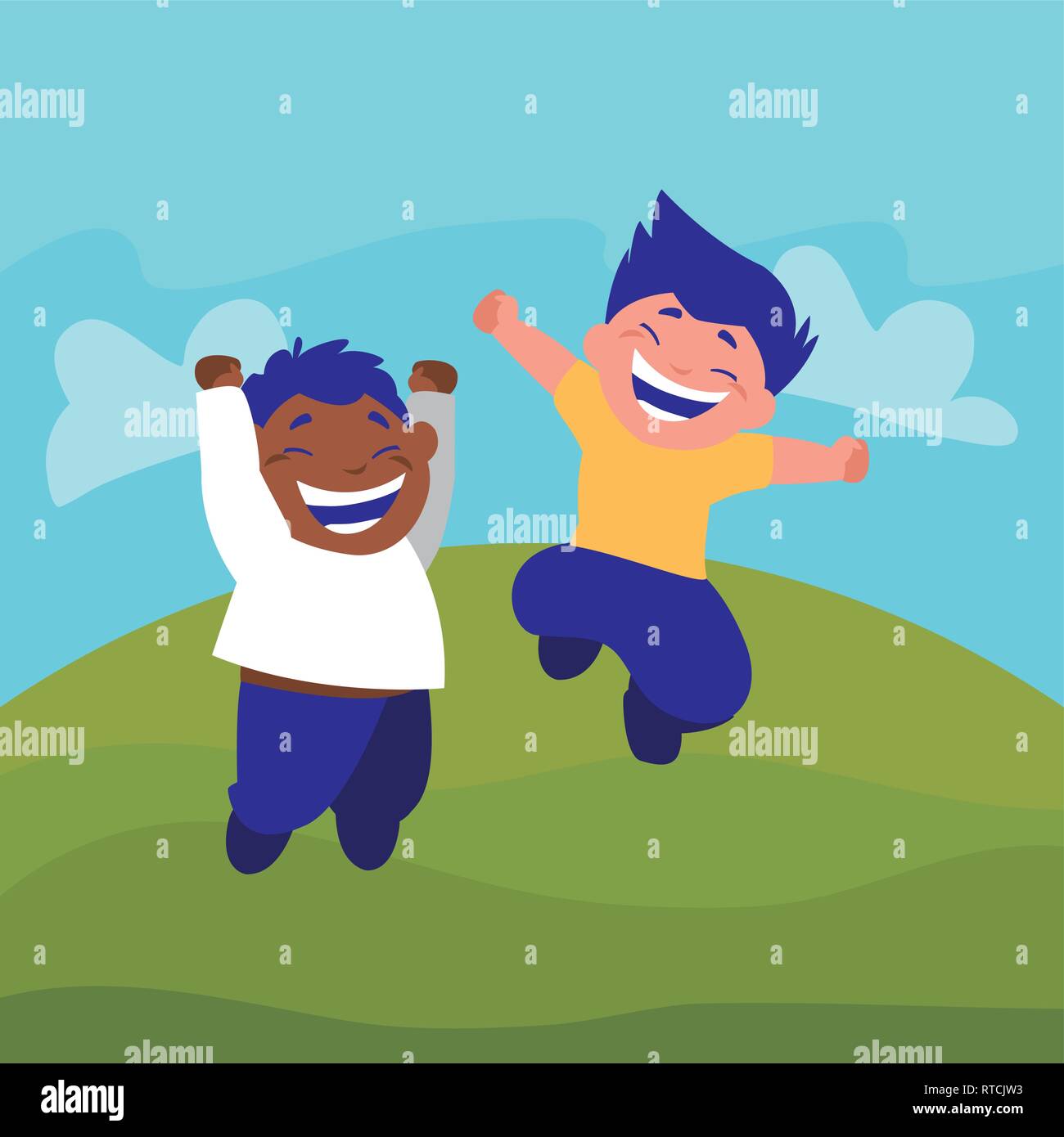 happy interracial boys celebrating in the camp vector illustration ...