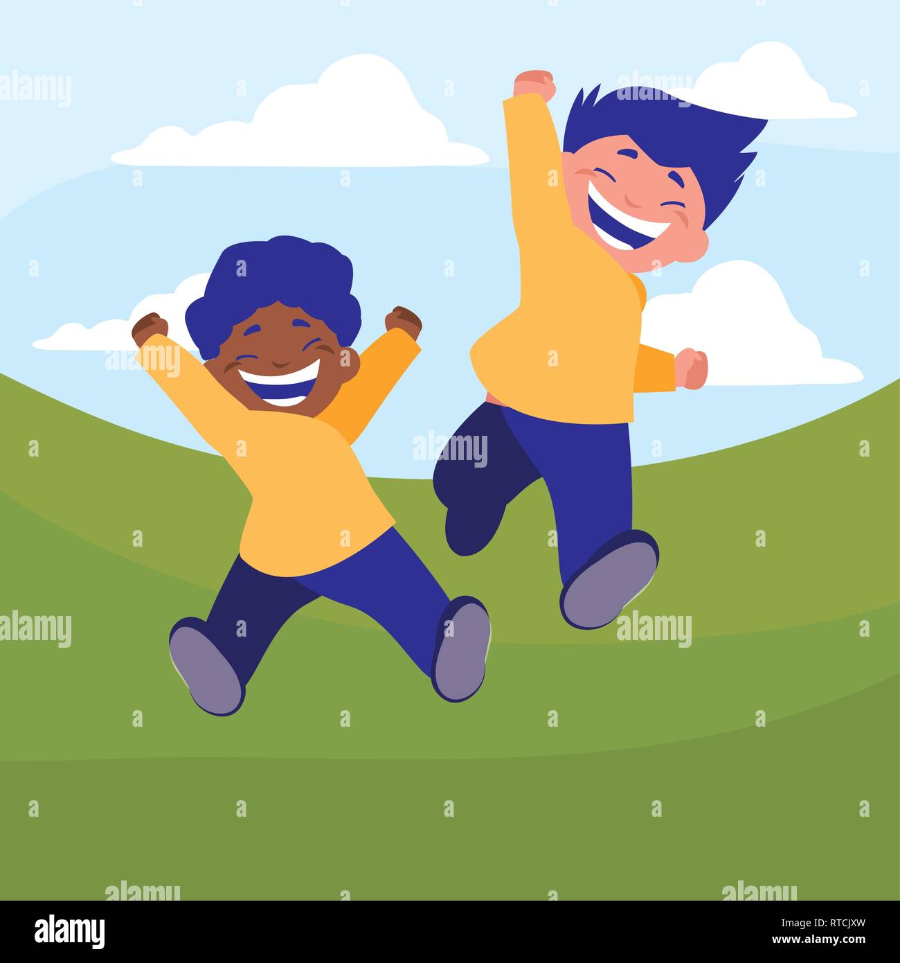 happy interracial boys celebrating in the camp vector illustration ...