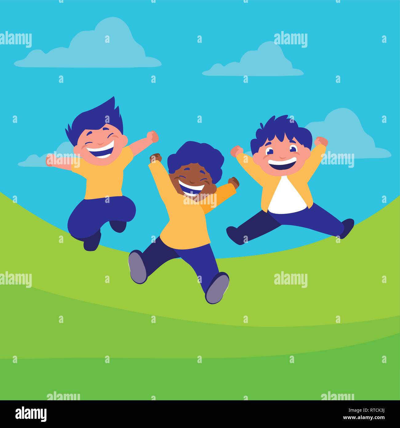 happy interracial boys celebrating in the camp vector illustration ...