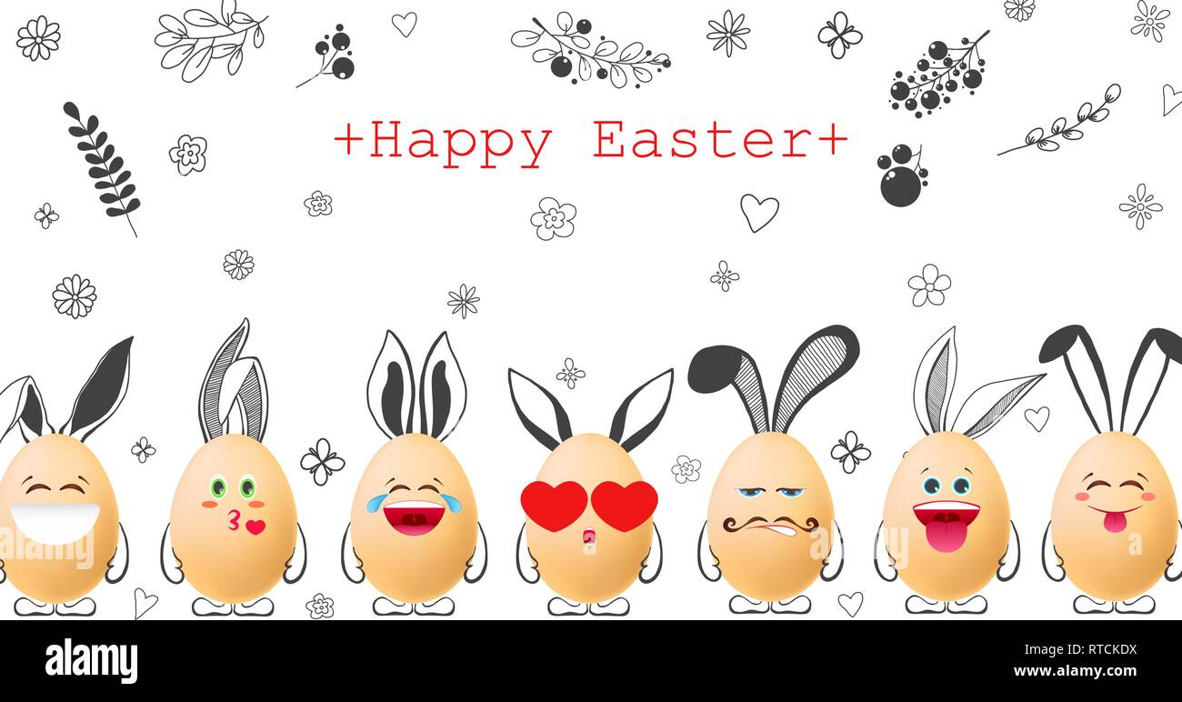 Realistic eggs with emoticons and with painted elements. Vector illustration Stock Vector