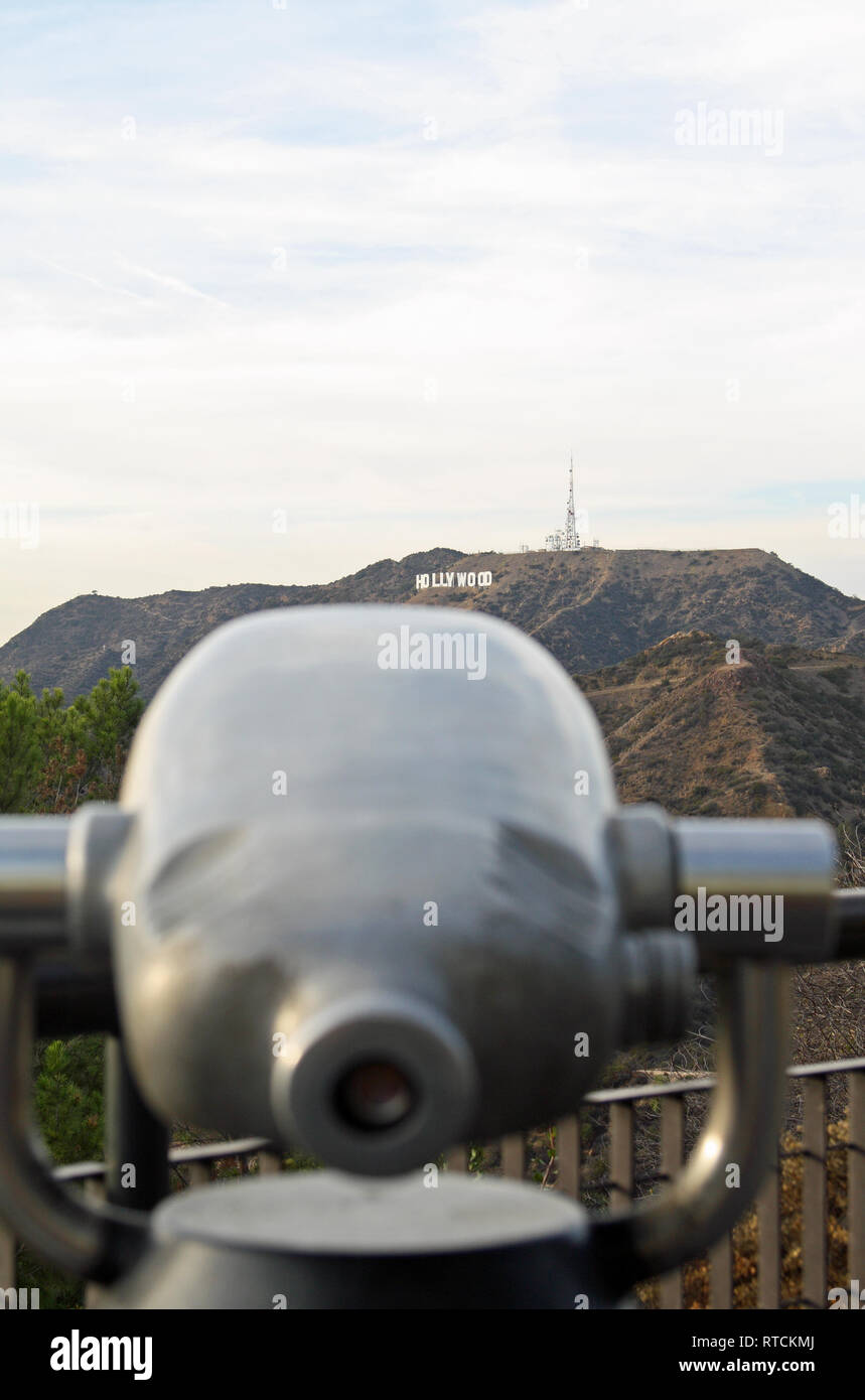 Viewing telescope and Hollywood Sign, from Griffith Observatory, Los