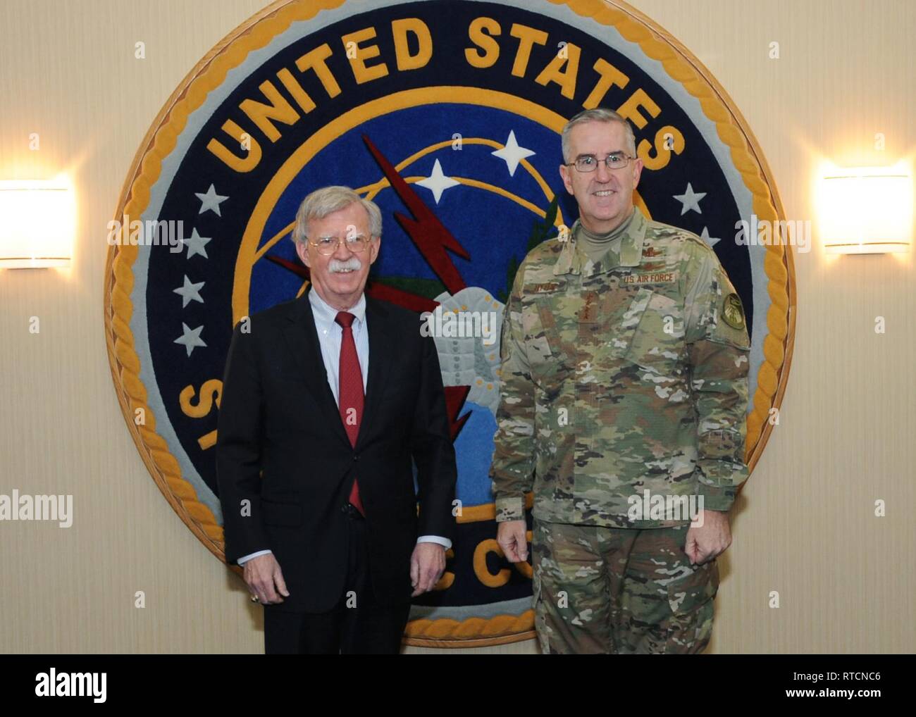 Ambassador John Bolton, National Security Advisor, meets with Air Force Gen. John Hyten, commander of United States Strategic Command (USSTRATCOM), during his trip to USSTRATCOM, Offutt Air Force Base, Neb., Feb. 14, 2019. The Ambassador observed USSTRATCOM’s combat-ready force, engaged in discussions with senior leaders and thanked warfighters for their service to the nation. Bolton’s visit also highlighted USSTRATCOM’s critical role in the National Security Strategy. Stock Photo