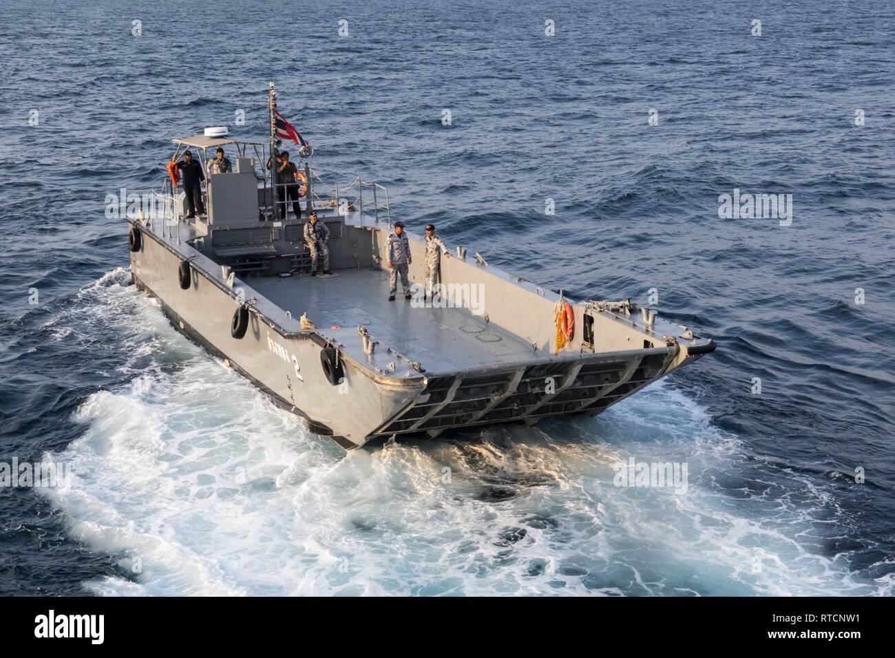 GULF OF THAILAND (Feb. 14, 2019) - A landing craft, mechanized (LCM)  assigned to the Royal Thai Navy landing platform dock ship HTMS Angthong  (LPD 791) departs the well deck of the