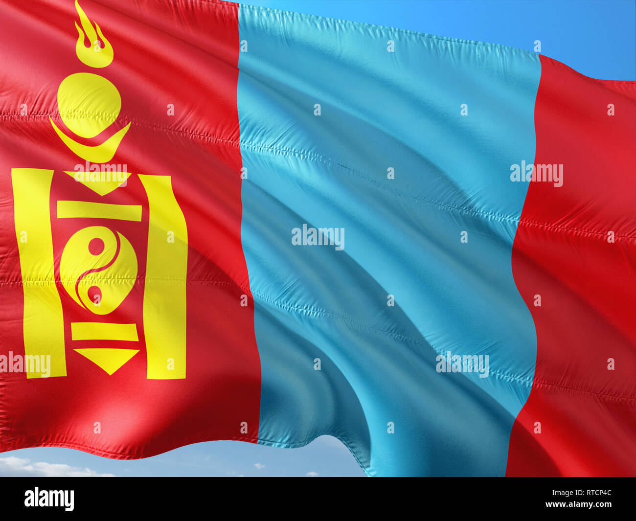 Flag of Mongolia waving in the wind against deep blue sky. High quality ...