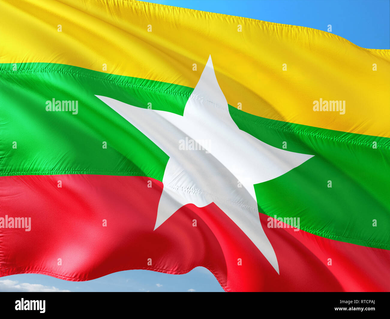 Flag of Myanmar - Burma waving in the wind against deep blue sky. High ...