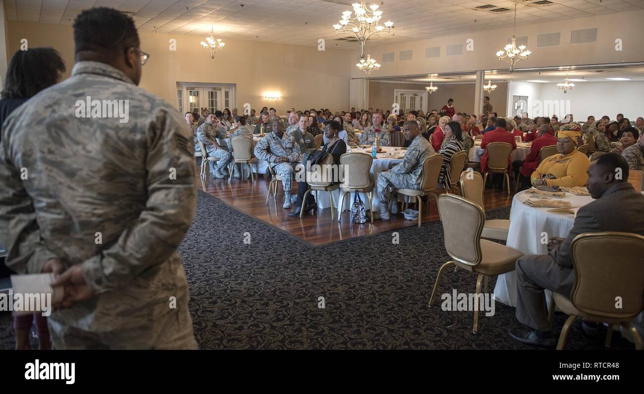 More than 225 people attending Black History Month Luncheon listen to one of the speakers during the event Feb. 15 2019 at Heritage Hall on Seymour Johnson Air Force Base North Carolina