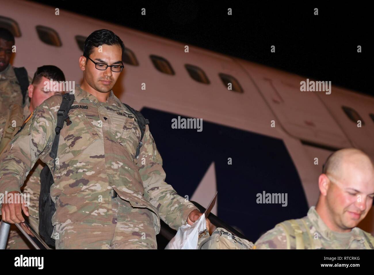 FORT BLISS, Texas – Approximately 200 Soldiers of the ADVON (advanced echelon) party for the 155th Armored Brigade Combat Team, Mississippi Army National Guard, made their arrival at the Silas L. Copeland Arrival/Departure Airfield Control Group, Fort Bliss, Texas, Feb. 15, 2019. The 155th ABCT have begun demobilizing from their Middle Eastern theater of operations, totaling over 3,500 MSARNG Soldiers within its entire organizational umbrella. Stock Photo