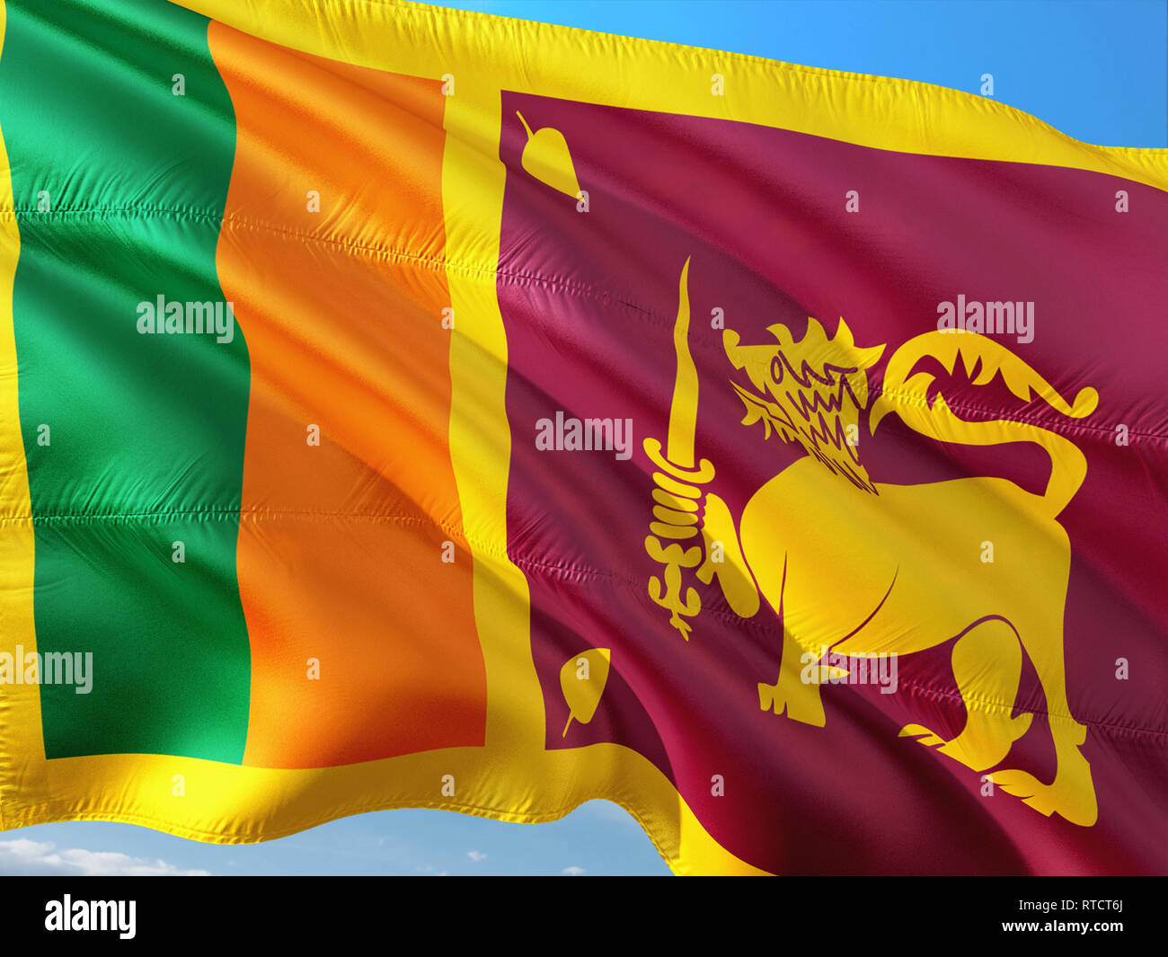 Flag of Sri Lanka waving in the wind against deep blue sky. High ...