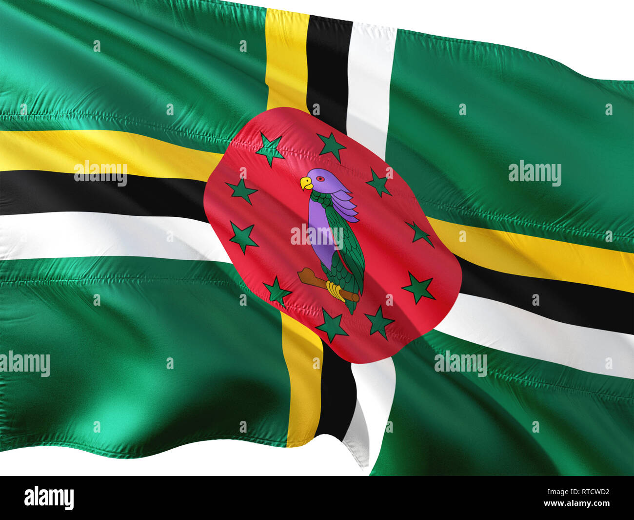Flag of Dominica waving in the wind, isolated white background. 3D ...