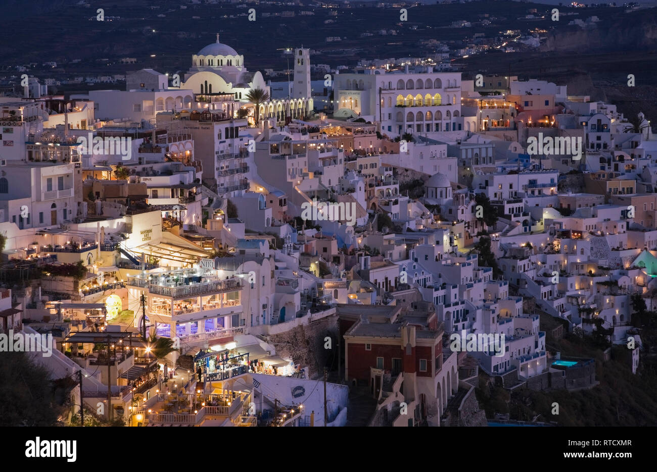 Fira village at dusk, Santorini, Greece Stock Photo - Alamy