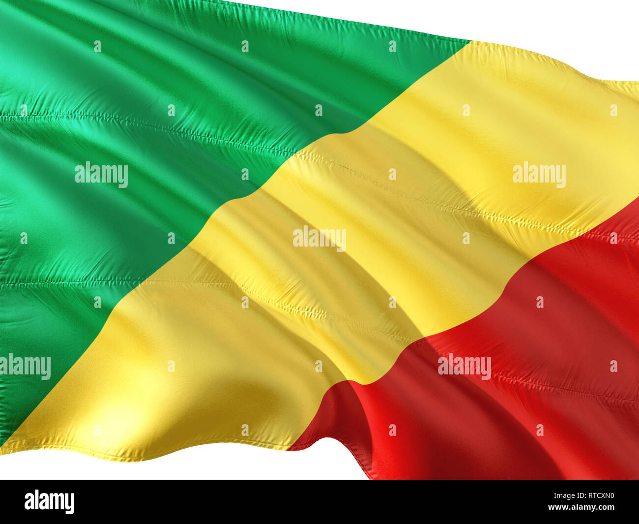 Flag of Republic Of Congo waving in the wind, isolated white background ...