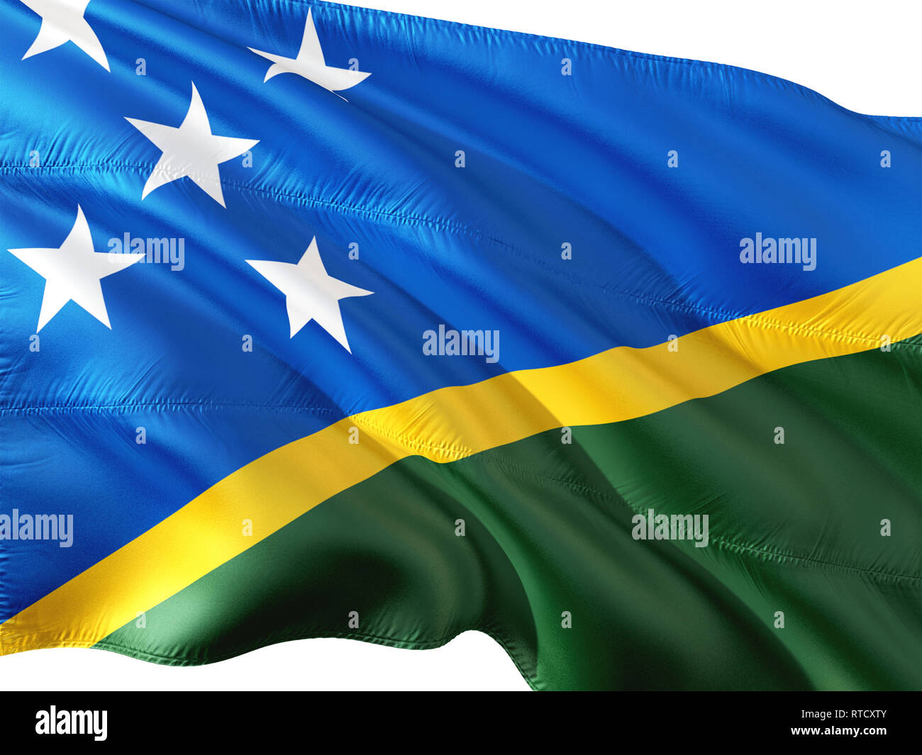 Flag of Solomon Islands waving in the wind, isolated white background ...