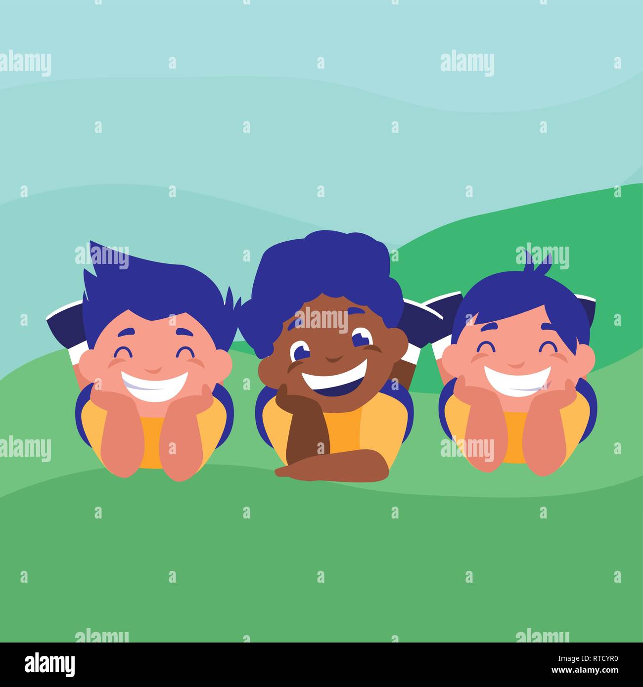 happy interracial boys in the camp vector illustration design Stock ...
