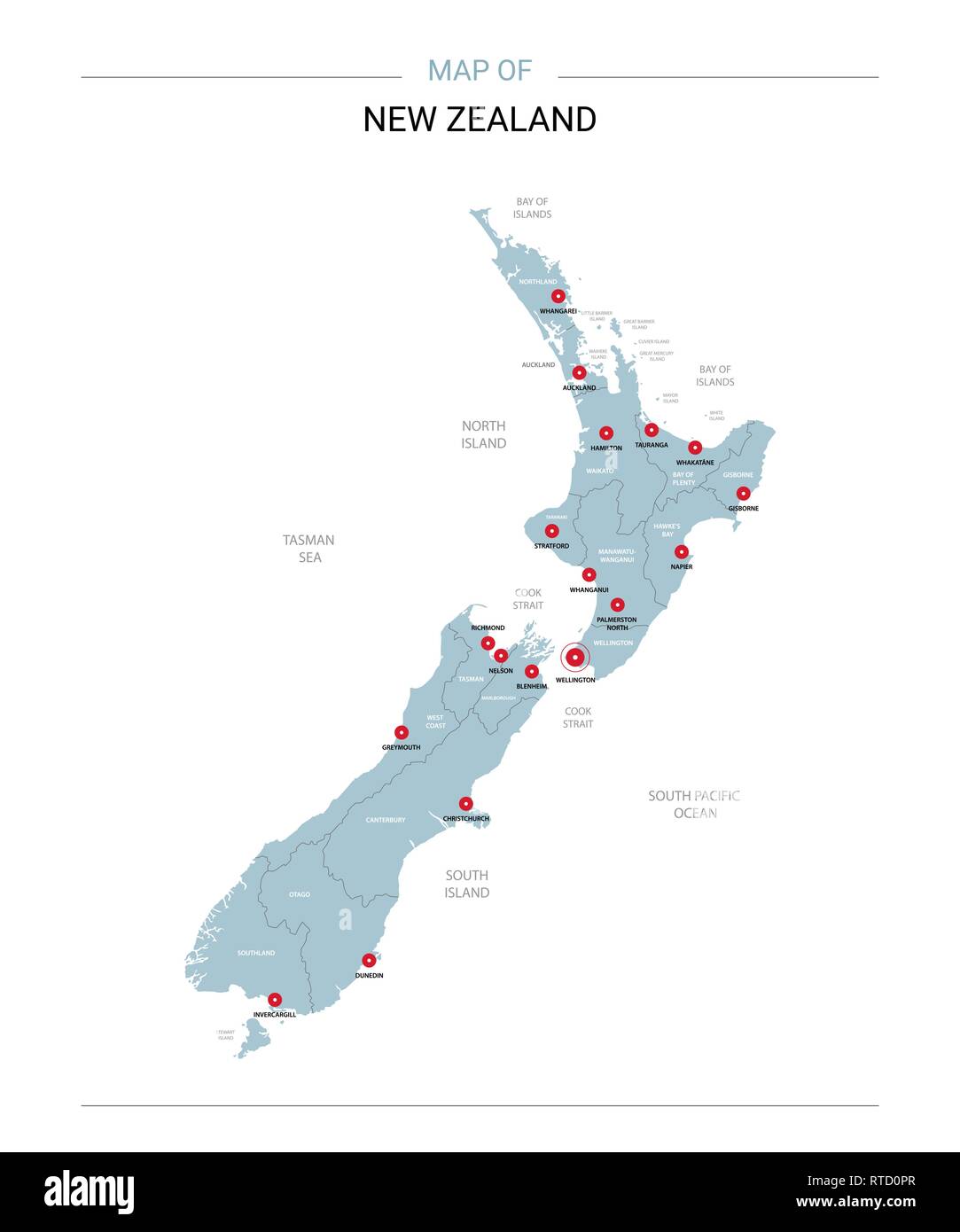 New Zealand vector map. Editable template with regions, cities, red pins and blue surface on white background. Stock Vector