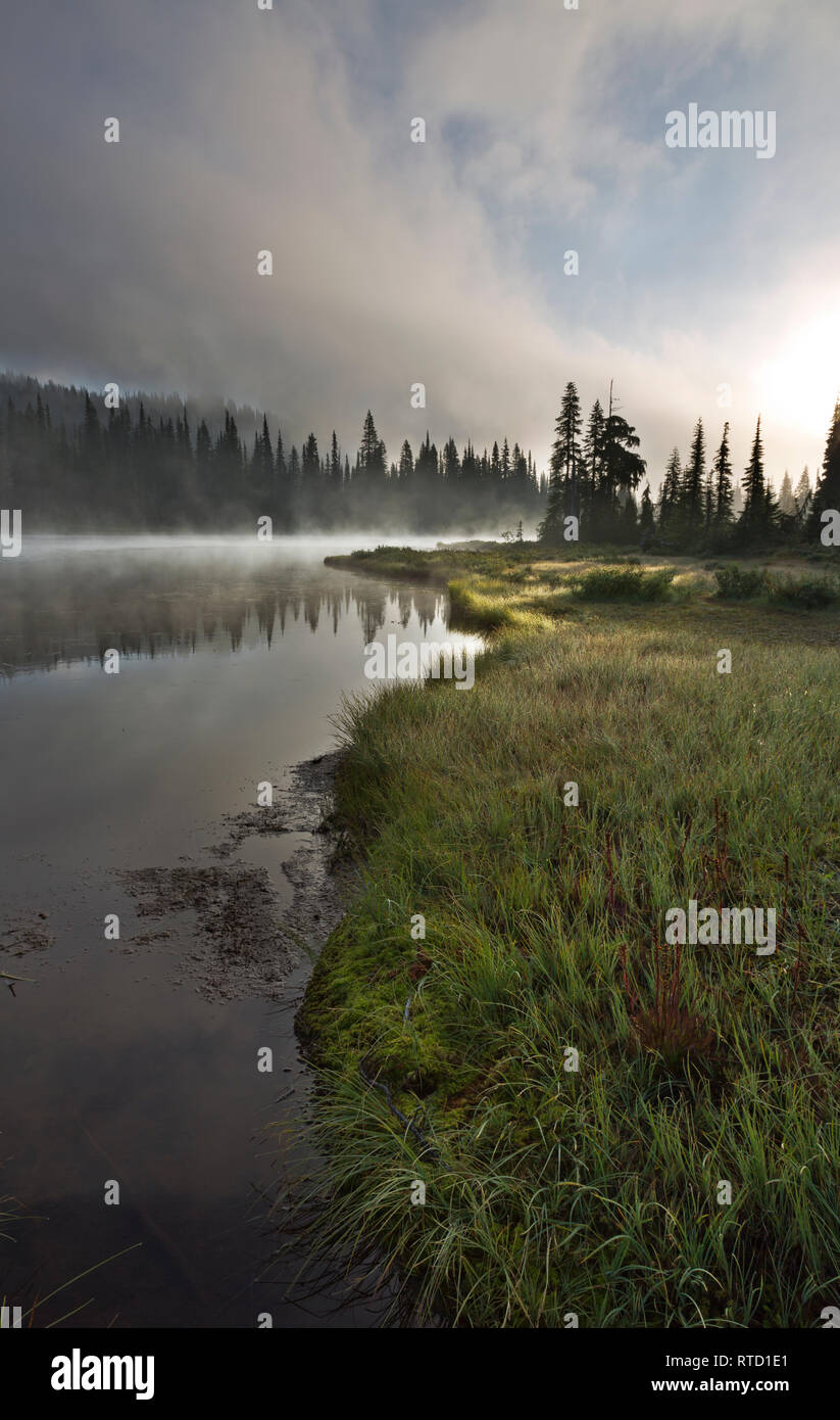 WA15840-00...WASHINGTON - Mist clearing in the early morning hours at Reflection Lakes in Mount Rainier National Park. Stock Photo