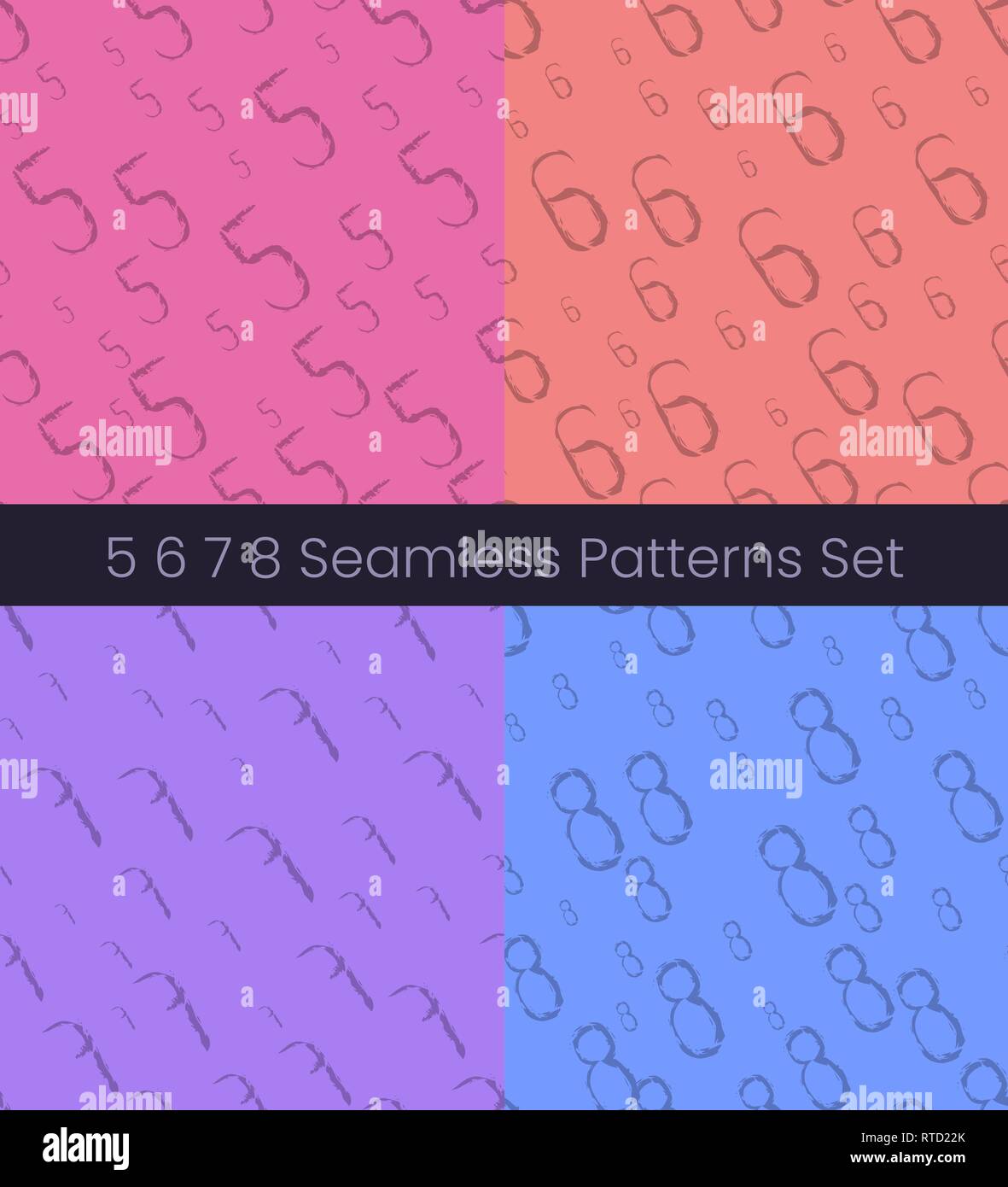 5 6 7 8 number seamless patterns set. Numbers colorful vector illustration. Vector EPS8 Stock Vector