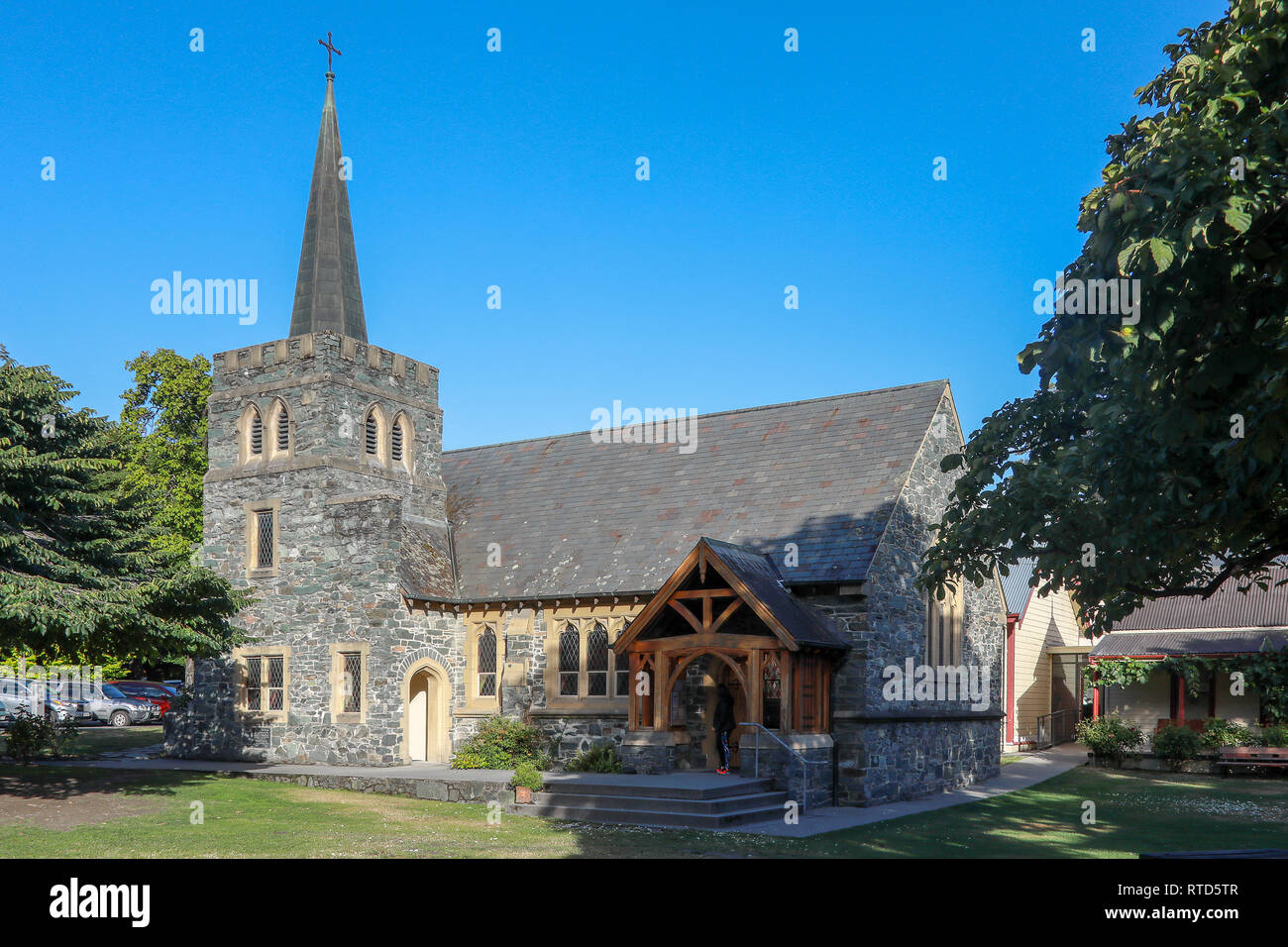 St Peter's Anglican Church, Church Street, Queenstown New Zealand South Island in the evening sunshine. Stock Photo