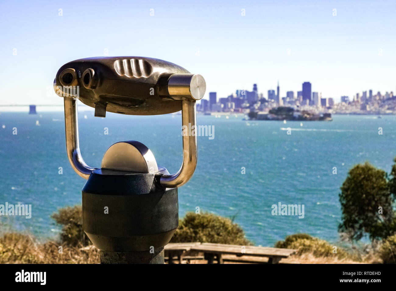 September 24, 2016, San Francisco bay, California - Telescope looking towards San Francisco from Angel Island Stock Photo