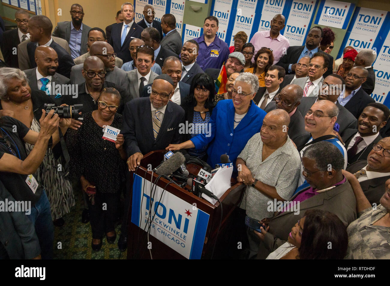 Cook County Board President Toni Preckwinkle announcing her run for mayor of Chicago on 9/20/18 in the same south side hotel conference room that Harold Washington announced his mayoral bid in 1982. In the February 26, 2019 election, Preckwinkle became one of the two top finishers in the 14 candidate race and will face Lori Lightfoot in the upcoming April 2nd runoff Stock Photo