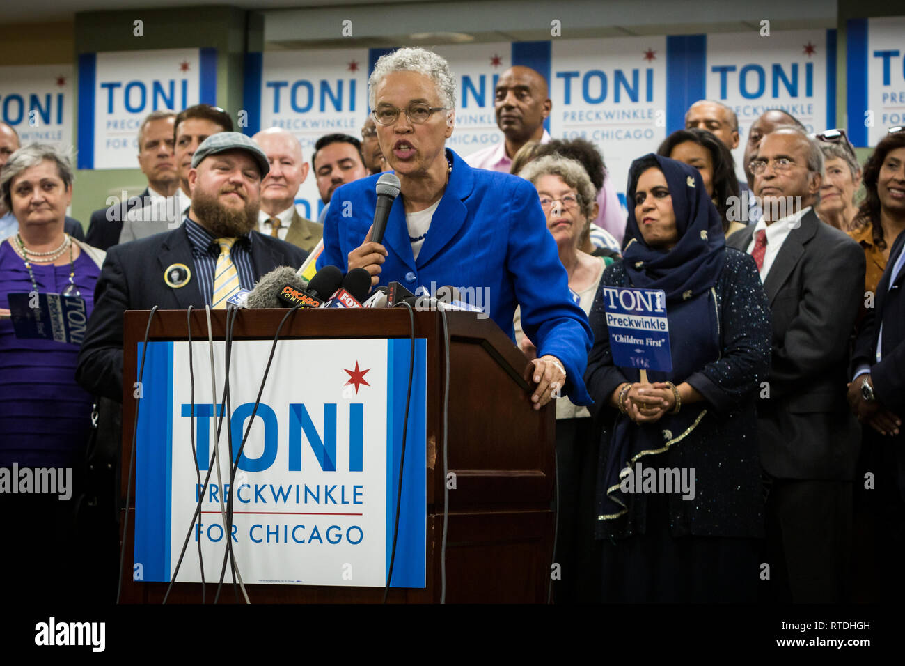 Cook County Board President Toni Preckwinkle announcing her run for mayor of Chicago on 9/20/18 in the same south side hotel conference room that Harold Washington announced his mayoral bid in 1982. In the February 26, 2019 election, Preckwinkle became one of the two top finishers in the 14 candidate race and will face Lori Lightfoot in the upcoming April 2nd runoff Stock Photo