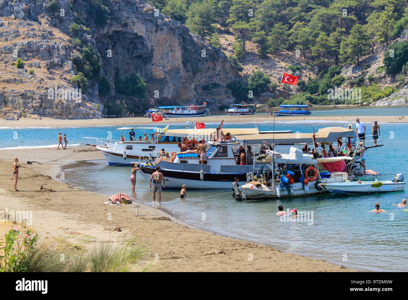 Dalyan, Mugla / Turkey - July 7 2013: Dalyan Canal and Iztuzu (Caretta caretta) Beach, daily sightseeing boats Stock Photo