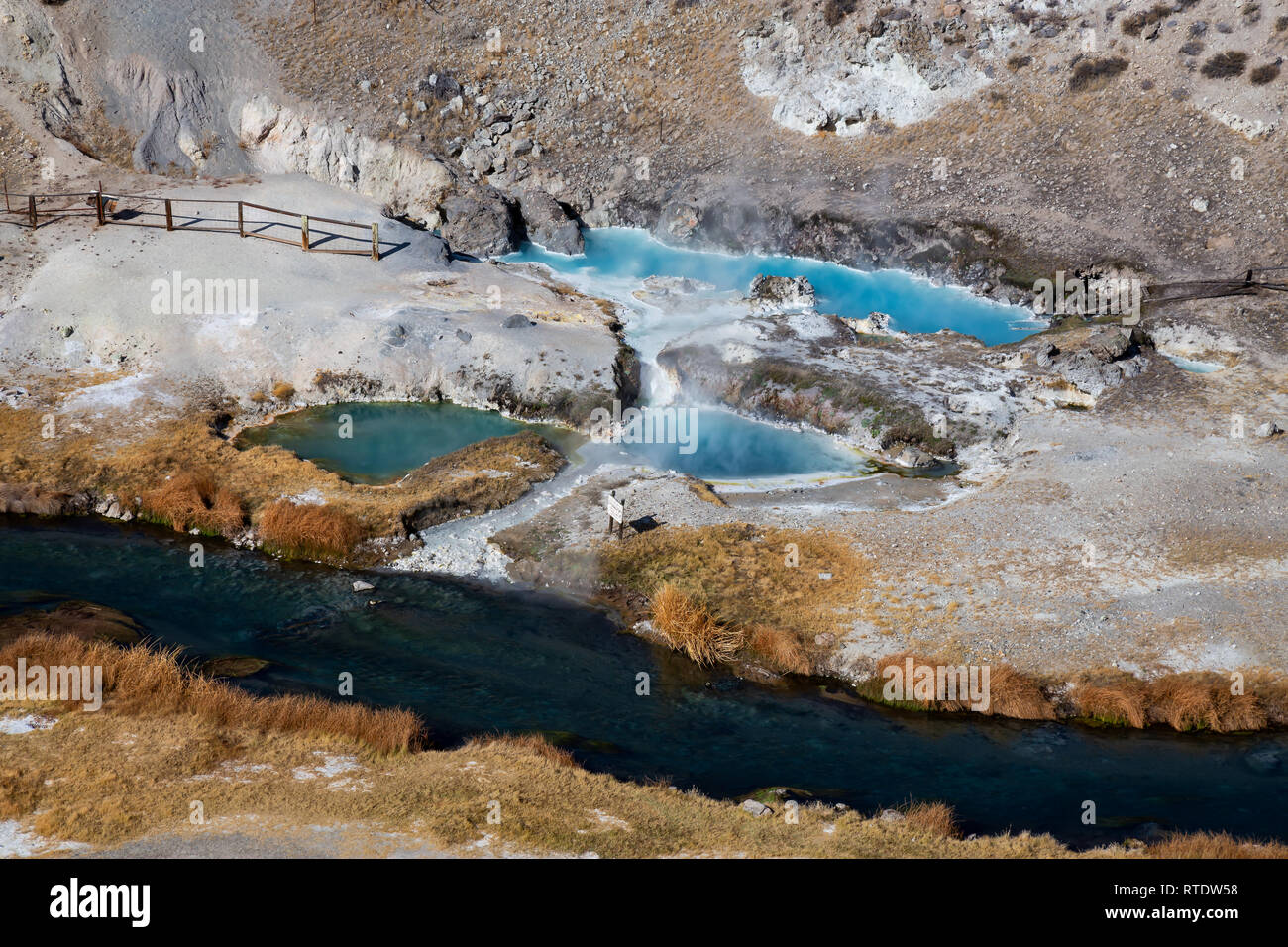 Aerial view of natural Hot Springs at Hot Creek Geological Site ...