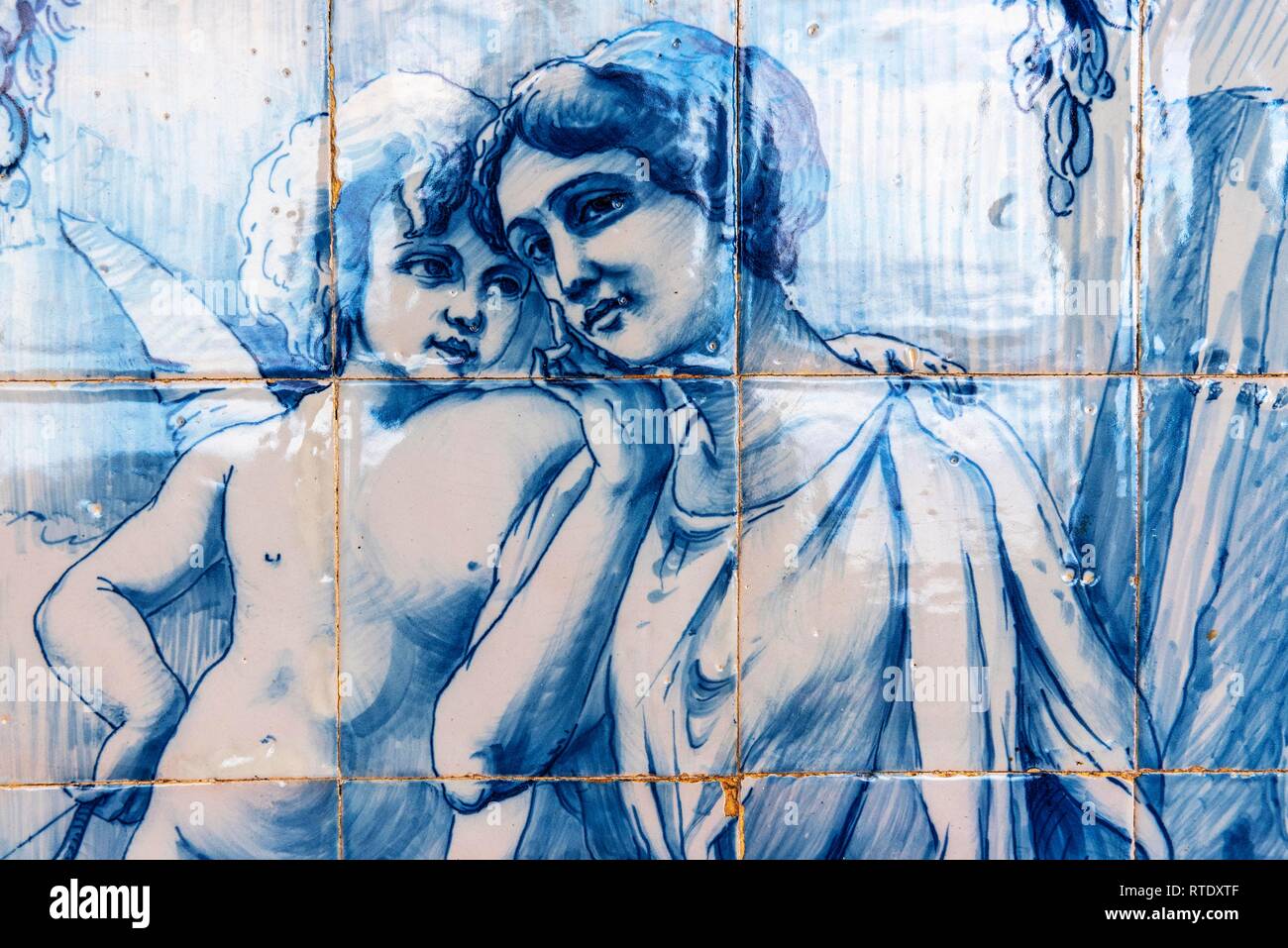 Angel embracing a young woman, historical tile picture of Azulejo tiles, painted ceramic tiles, park of Quinta do Monte Hotel Stock Photo