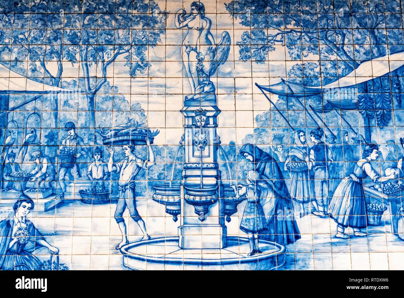 Street scene with fountain, market, historical Azulejo tile picture
