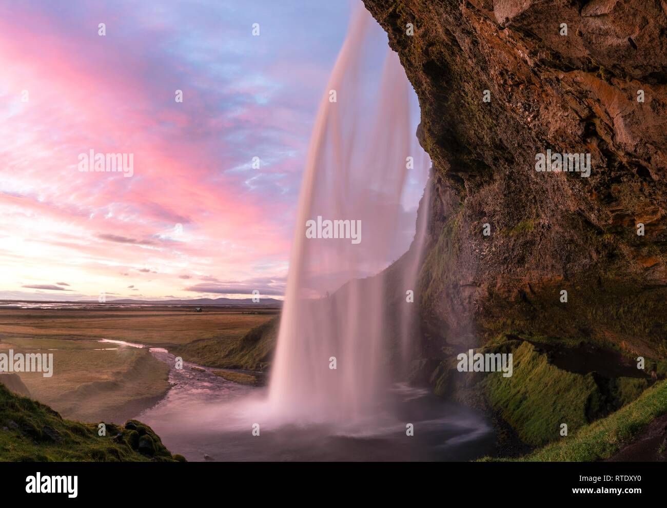 Seljalandsfoss Sunset Waterfall, South Iceland, Iceland Stock Photo