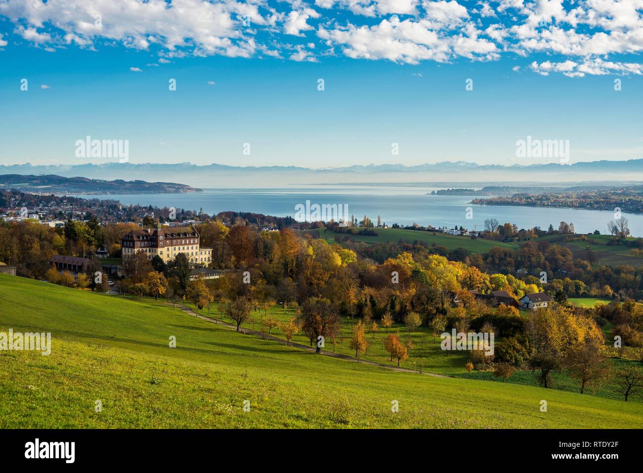 View over Lake Constance in autumn, Spetzgart Castle in front, Alpine chain in the back, near Überlingen Stock Photo