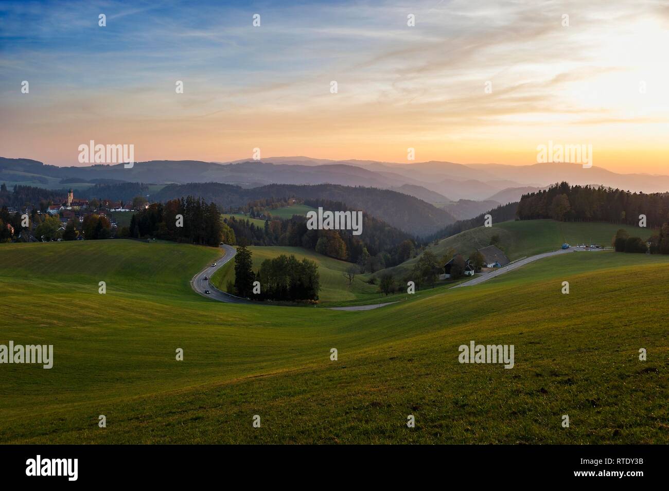 View of hilly landscape in autumn, partly wooded, evening light, near St Märgen, Black Forest, Baden-Württemberg, Germany Stock Photo