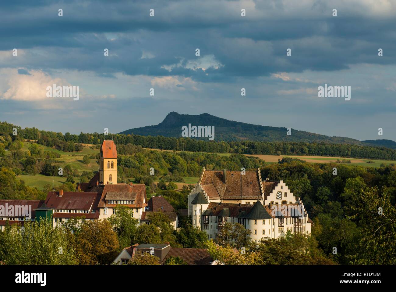 Blumenfeld Castle, behind the Hegau volcano Hohenstoffeln, Tengen, Constance County, Hegau, Baden-Württemberg, Germany Stock Photo