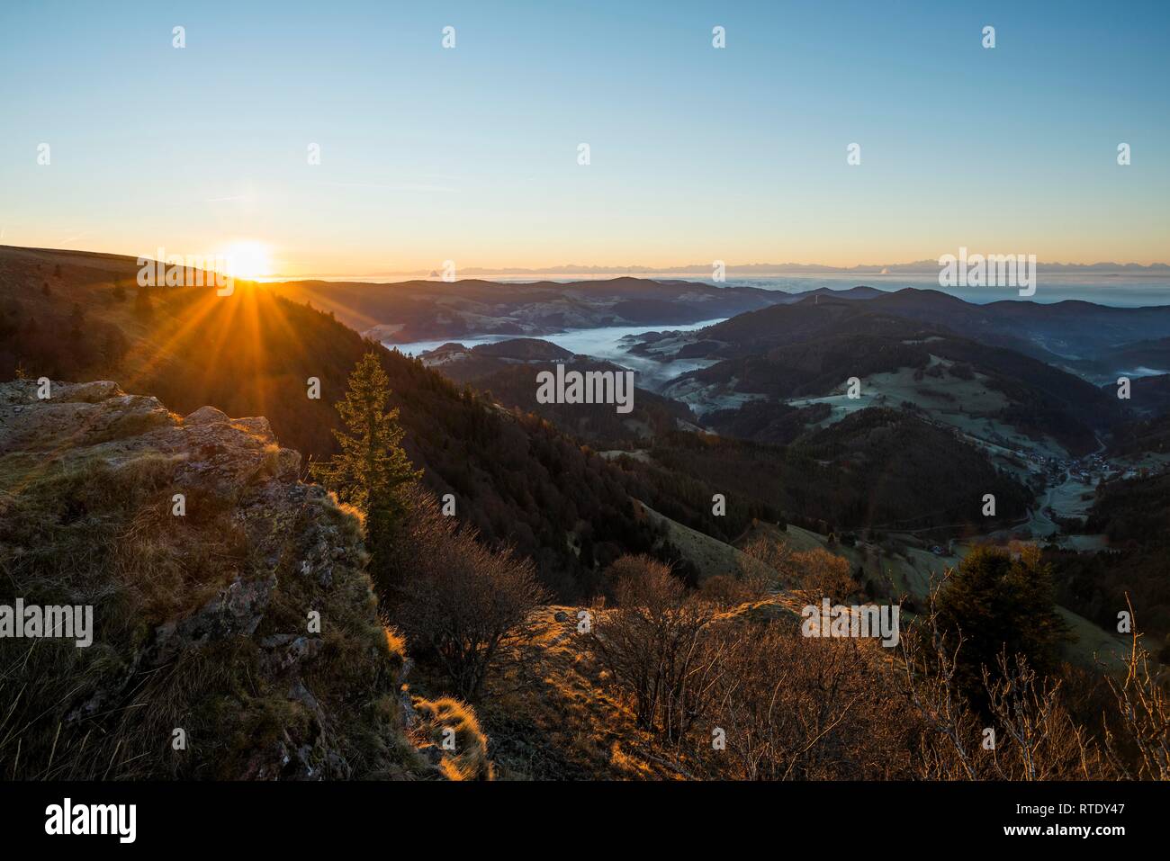 View from Belchen into Wiesental valley, morning mood with fog, Black Forest, Baden-Württemberg, Germany Stock Photo