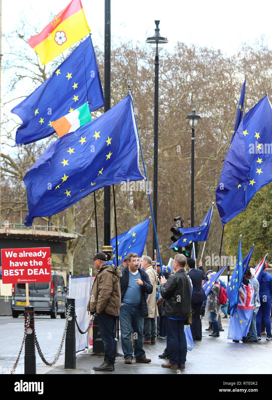 Anti Brexit protesters seen holding EU flags seen outside Westminster despite the day of rain. Stock Photo