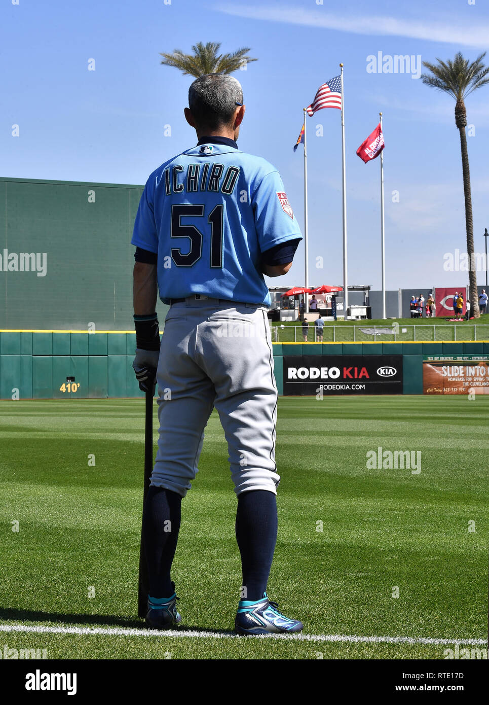 Seattle Mariners' Ichiro Suzuki listens to the national anthem before a spring  training baseball game against the Cleveland Indians at Goodyear Ballpark  in Goodyear, Arizona, United States, February 27, 2019. Credit: AFLO/Alamy