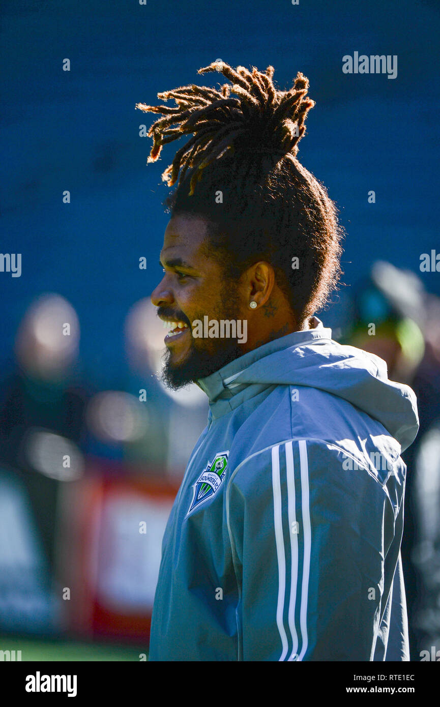 Seattle, Washington, USA. 28th Feb, 2019. Roman Torres (29) during the Seattle Sounders practice and Media day at Century Link Field in Seattle, WA. Credit: Jeff Halstead/ZUMA Wire/Alamy Live News Stock Photo