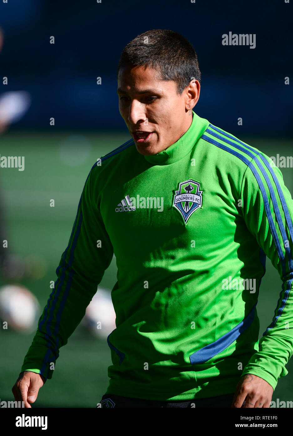 Seattle, Washington, USA. 28th Feb, 2019. Raul Ruidiaz (9) during the Sounders practice and Media day at Century Link Field in Seattle, WA. Credit: Jeff Halstead/ZUMA Wire/Alamy Live News Stock Photo