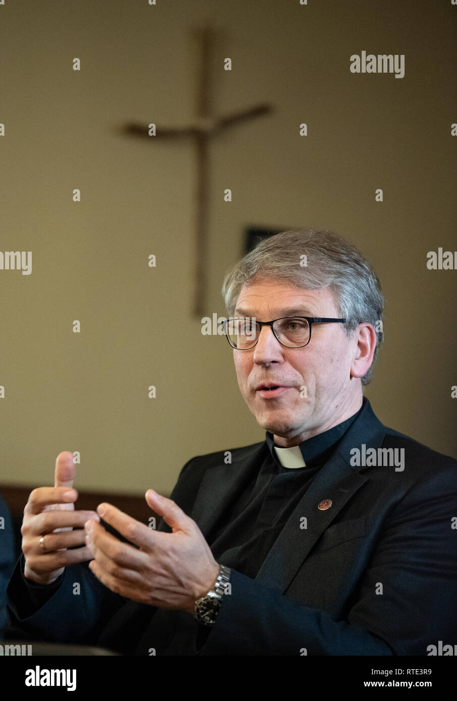 Karlsruhe, Germany. 28th Feb, 2019. Olav Fykse Tveit, General Secretary of the World Council of Churches (OeRK) speaks at the press conference of the World Council of Churches leadership. Credit: Fabian Sommer/dpa/Alamy Live News Stock Photo