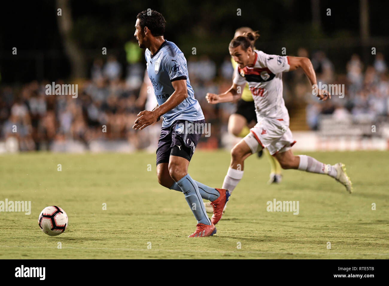 Leichhardt Oval, Leichhardt, Australia. 1st Mar, 2019. A League football Sydney FC versus Adelaide United; Reza Ghoochannejhad of Sydney runs with the ball as Michael Marrone of Adelaide United chases Credit: Action Plus Sports/Alamy Live News Stock Photo