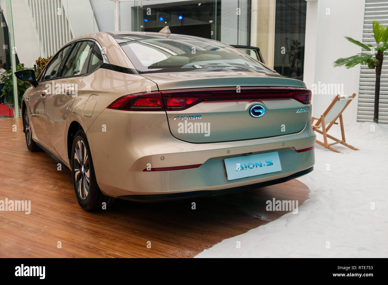 Guangzhou, China. 1st March, 2019. Official launch of the GAC NE Aion S electric car billed as the Chinese Tesla Model 3 killer at the GAC NE factory in Guangzhou, Guangdong Province, China. Mark Andrews/Alamy Live News Stock Photo