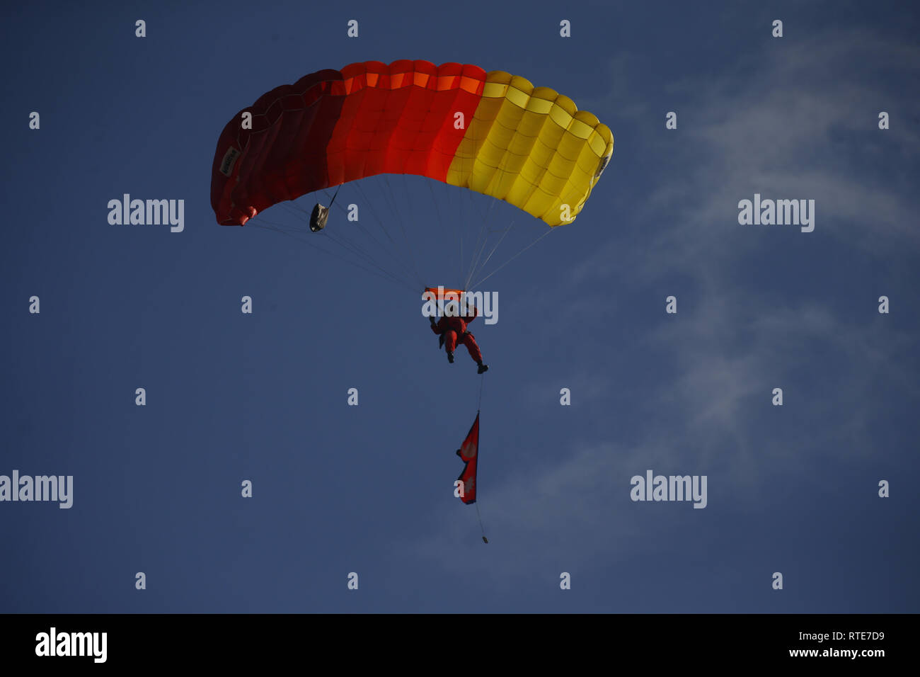 Kathmandu, Nepal. 1st Mar, 2019. A Nepalese Army jumps in the air with