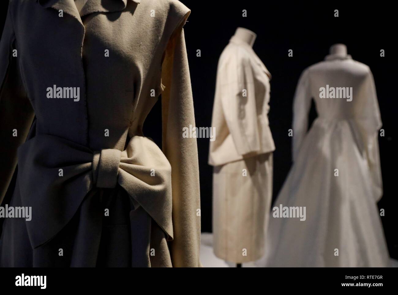 View of several creations by Spanish fashion designer Cristobal Balenciaga  during the presentation of the exhibition '